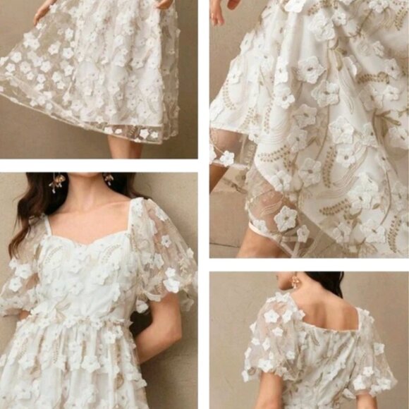 NWT ANEWSTA FLORAL WHITE GOLD ROMANTIC MIDI DRESS ELEGANT ETHEREAL BLOOMCORE MED - Picture 4 of 10